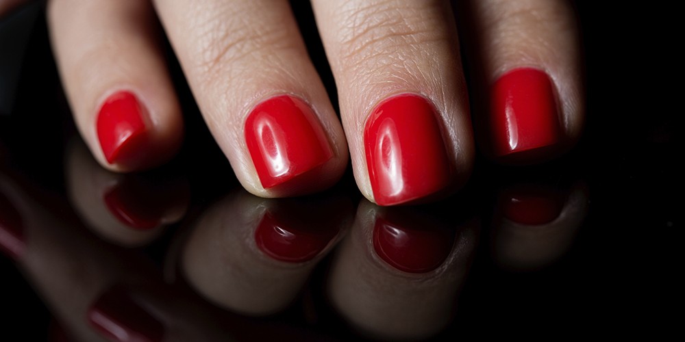 Red nail polish on female fingers. Reflctive dark background. 16:9 crop