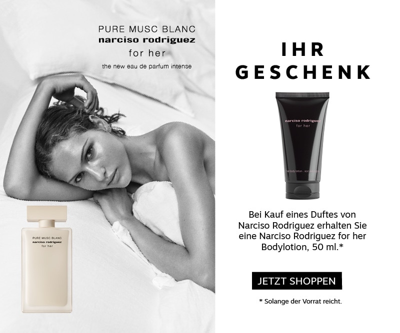 Narciso Rodriguez Pure Musc Blanc for Her Duft mit Geschenk‑Bodylotion – Aktionsbanner mit Produktflakon und gratis Bodylotion ab einem Duftkauf