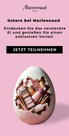 Ostern bei Marionnaud: geöffnetes Osterei gefüllt mit Kosmetikprodukten auf rosa Hintergrund, mit dem Text ‚Entdecken Sie das versteckte Ei und genießen Sie einen exklusiven Vorteil‘ und dem Button ‚Jetzt teilnehmen‘.