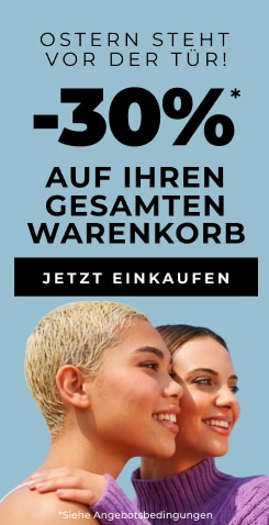 Osteraktion Banner mit –30 % Rabatt auf den gesamten Warenkorb, jetzt einkaufen.