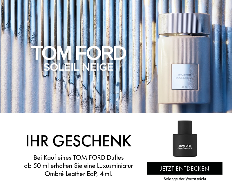 Tom Ford Soleil Neige Duftkampagne mit luxuriösem Parfum und Geschenk‑Miniatur beim Kauf ab 50 ml.