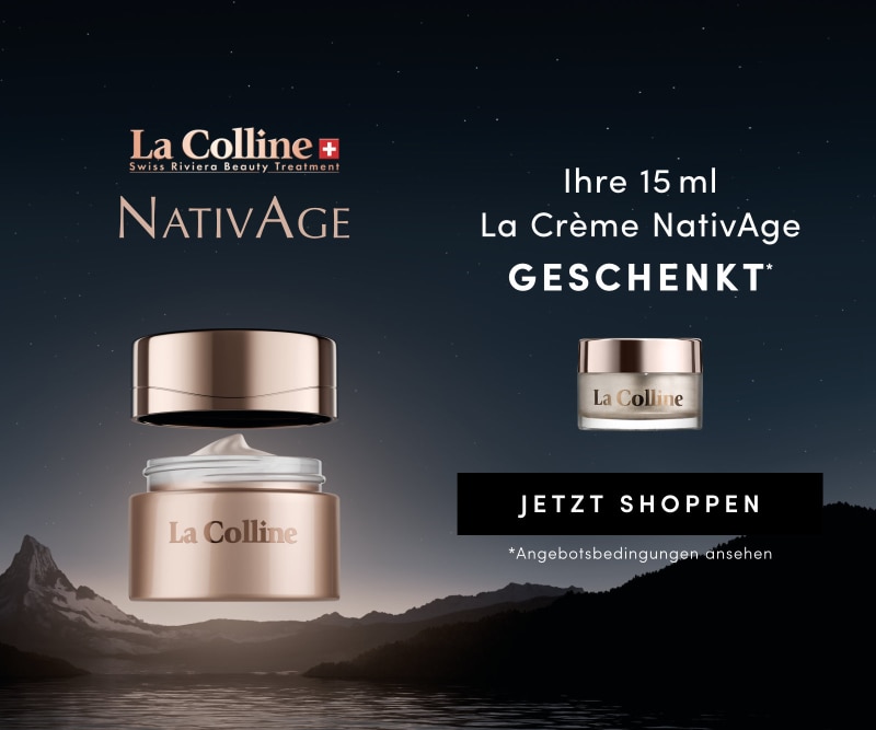 La Colline La Crème NativAge mit Gratis‑15‑ml‑Pflege, luxuriöse Anti‑Aging‑Creme vor nächtlicher Berglandschaft.