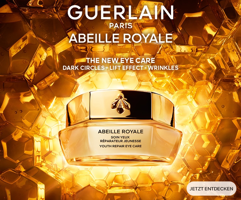 Guerlain Abeille Royale Youth Repair Eye Care vor goldenem Wabenhintergrund – luxuriöse Augenpflege gegen Falten und Augenschatten.