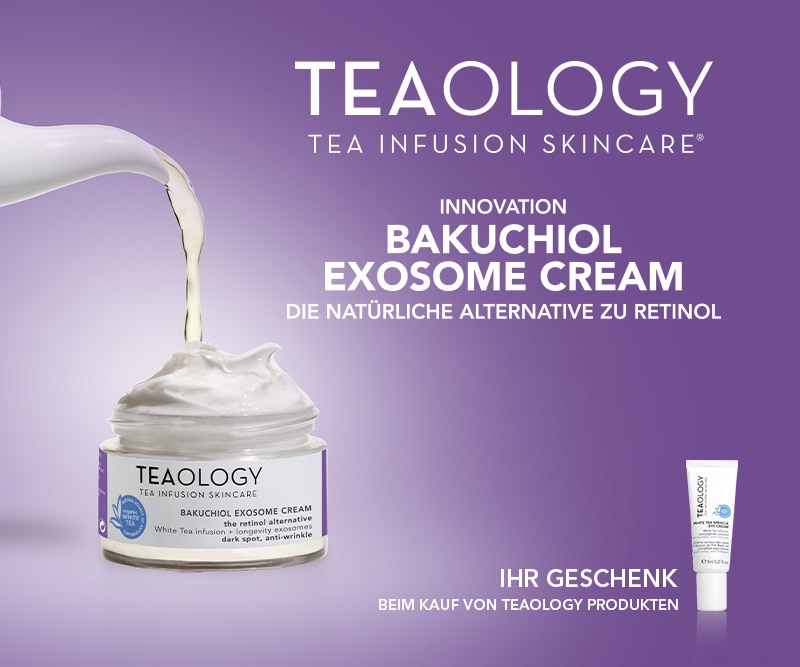 Teaology Bakuchiol Exosome Cream mit eingegossener Teainfusion auf lila Hintergrund