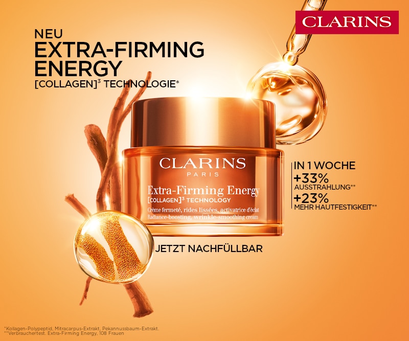 Clarins Extra‑Firming Energy Gesichtscreme mit Kollagen‑Technologie für mehr Ausstrahlung und festere Haut, jetzt nachfüllbar.