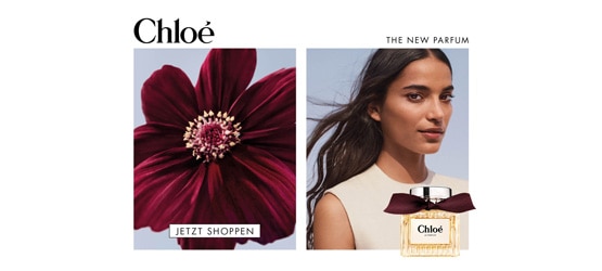Chloé The New Parfum mit Model und Parfümflakon mit bordeauxfarbenem Band.