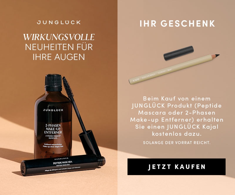 Junglück Augenpflege-Promotion mit 2-Phasen Make-up Entferner und Peptide Mascara – kostenloser Kajalstift als Geschenk beim Kauf.