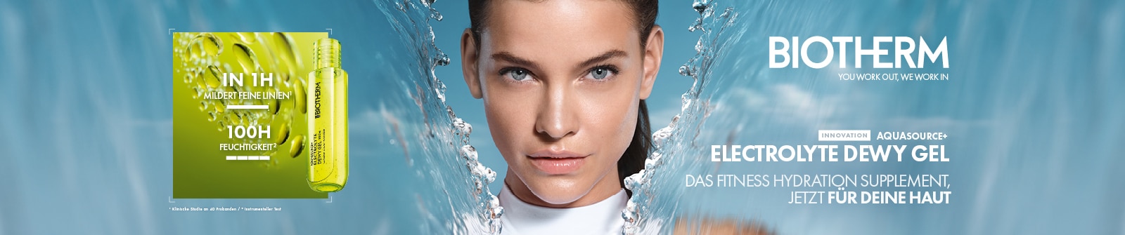 Biotherm Aquasource Electrolyte Dewy Gel vor spritzigem Wasserhintergrund mit Fokus auf intensiver Feuchtigkeitspflege.