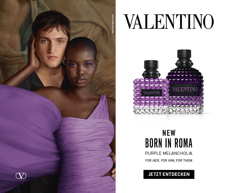 Valentino Born in Roma Purple Melancholia Duftkampagne mit modernen Unisex‑Parfums in ikonischem violettem Design.