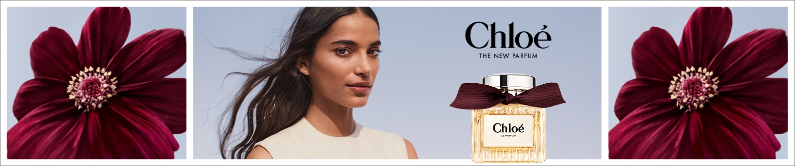Chloé The New Parfum mit Model und Parfümflakon mit bordeauxfarbenem Band.