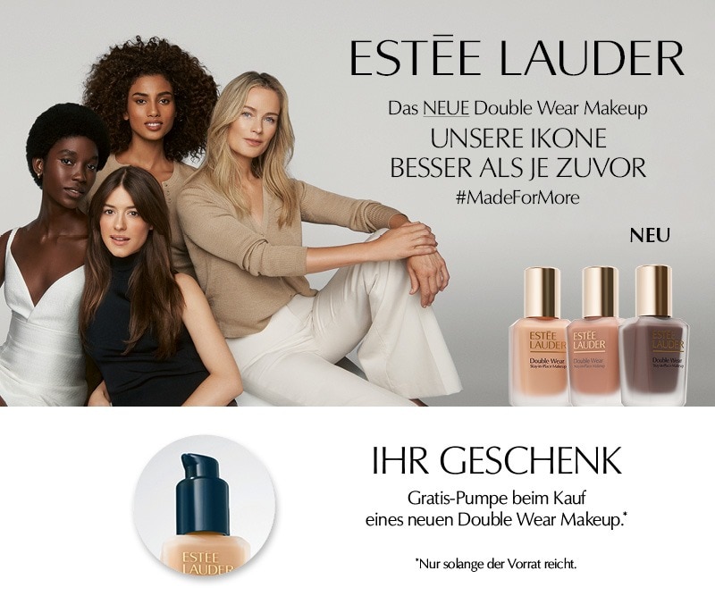 Estée Lauder Double Wear Makeup Kampagne mit neuen Foundation‑Nuancen und Gratis‑Pumpe beim Kauf.