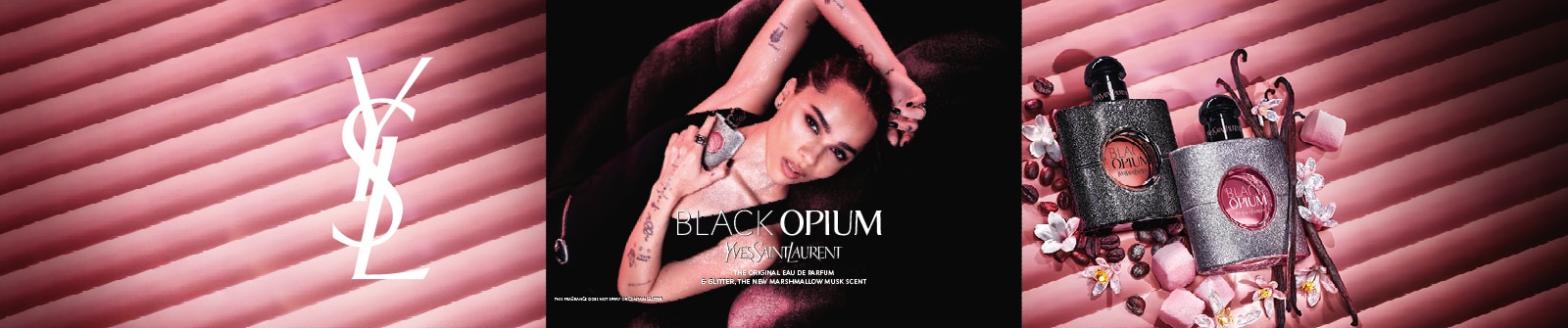 Yves Saint Laurent Black Opium The Original Eau de Parfum und Glitter, the New Marshmallow Musk Scent mit Zoe Kravitz