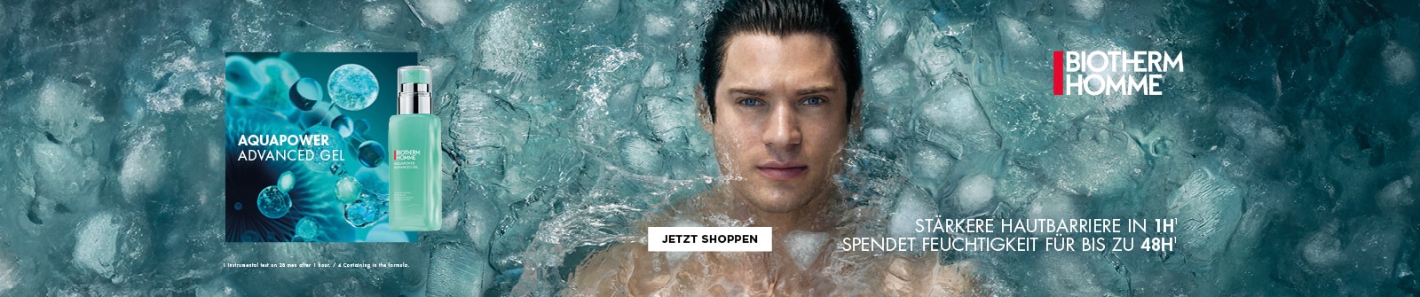 Biotherm Homme Aquapower Advanced Gel. Links ist die Produktflasche zu sehen. Rechts erscheint der Text: ‚Stärkere Hautbarriere in 1h – spendet Feuchtigkeit für bis zu 48h.