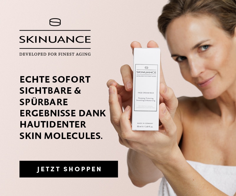 Skinuance Face Cream Rich in weißer Verpackung, Anti-Aging-Pflege mit hautidenten Molekülen für sofort sichtbare Ergebnisse.